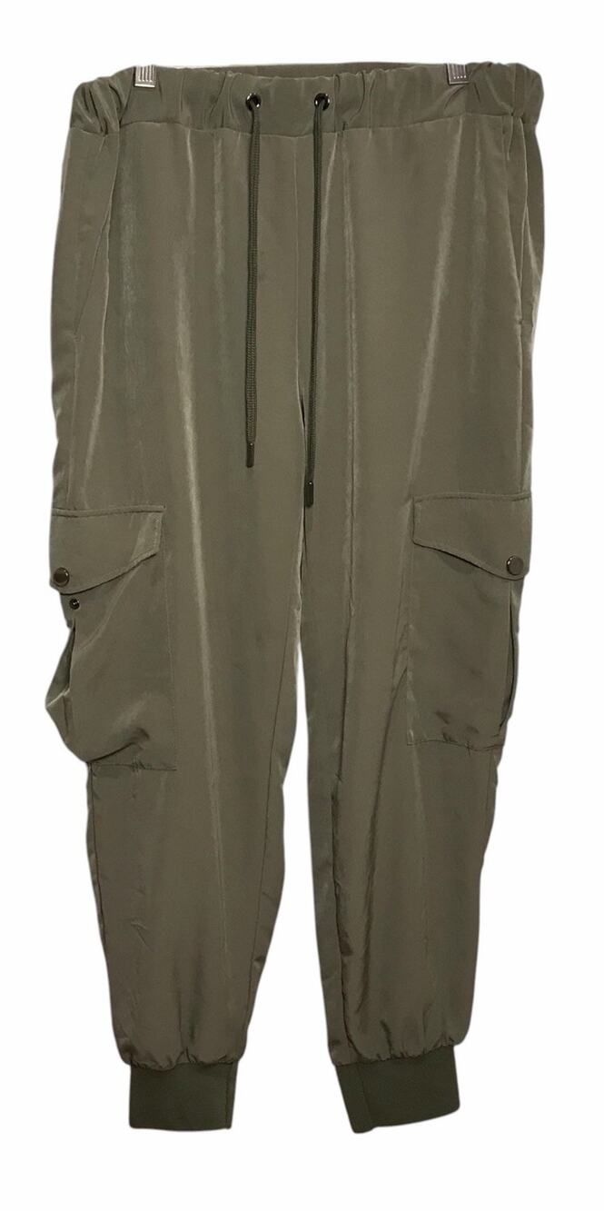ZARA Olive Green Jogger Pants W Side Pockets, Elastic Waist, Metal Tie Tips L